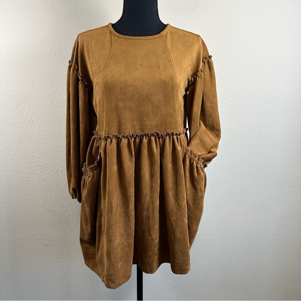 Chelsea & Violet Faux Brown Suede Babydoll Dress XS Pockets Prairie Cottagecore - Picture 1 of 10